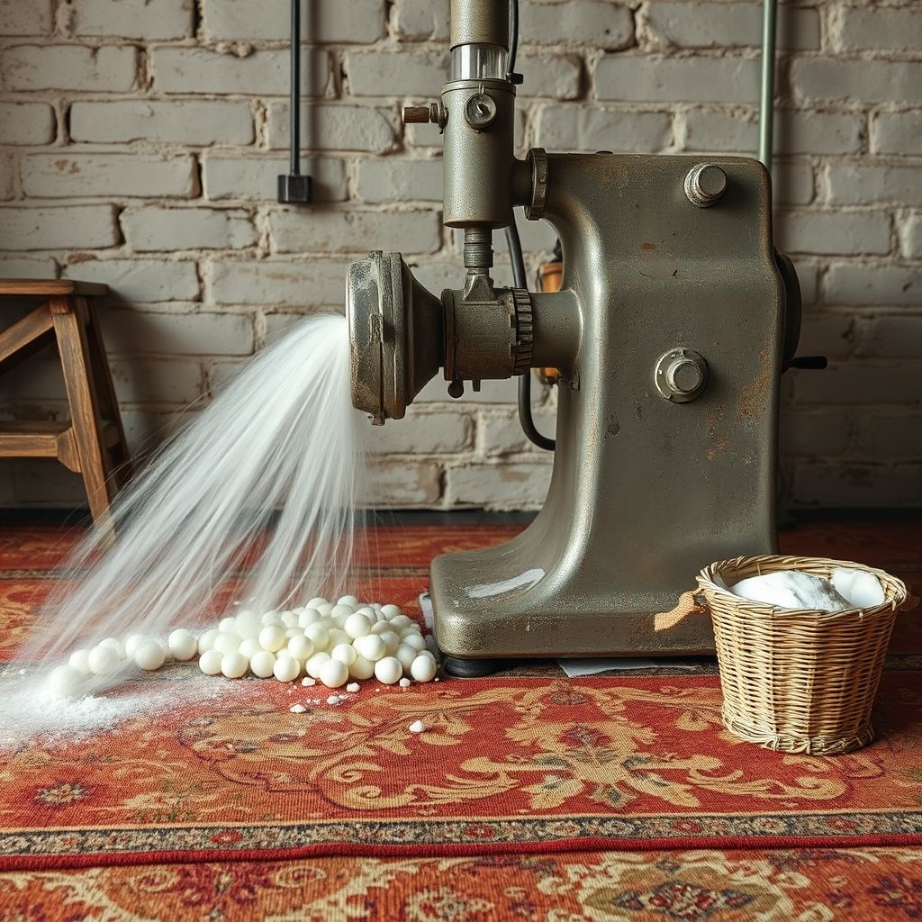 Un tapis vintage richement décoré est nettoyé par une machine produisant une mousse blanche qui pénètre les fibres. L’ambiance mélange décor ancien et sol industriel, symbolisant soins et amélioration.