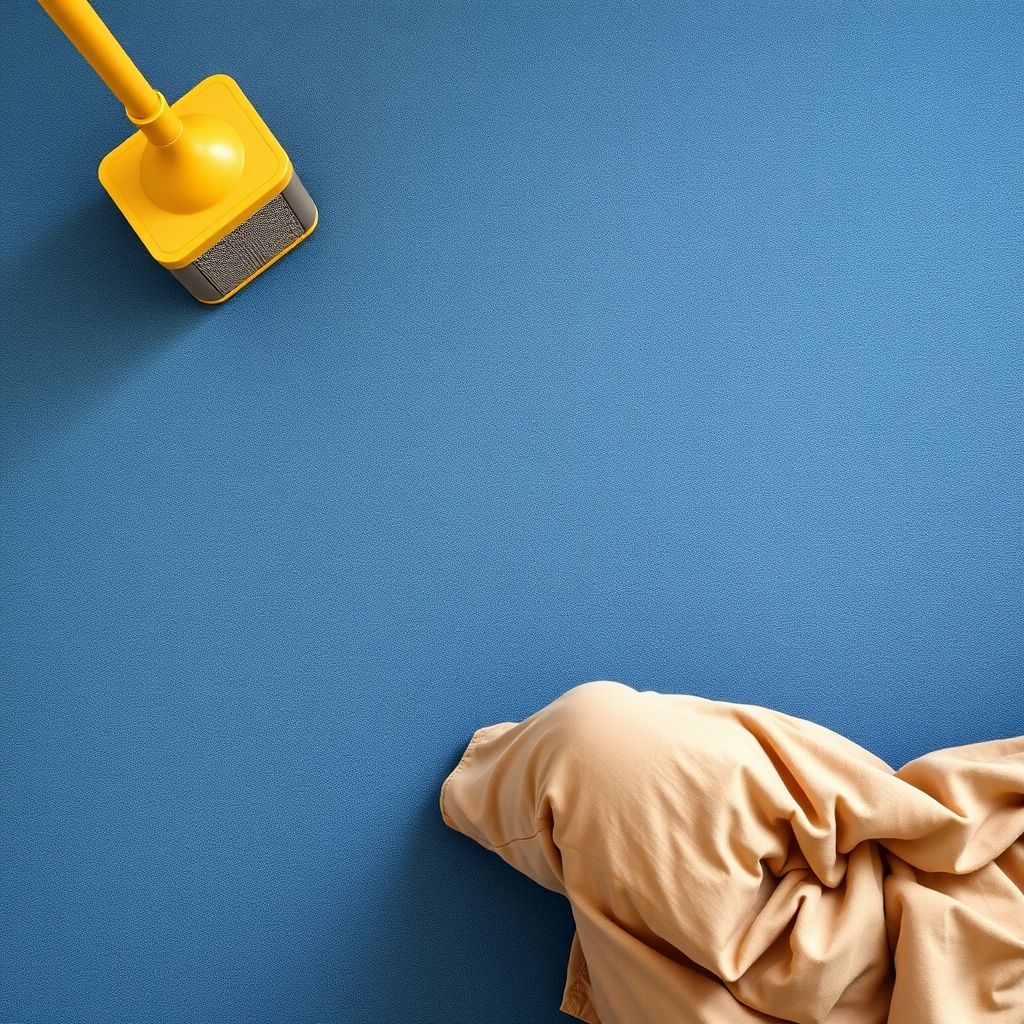Gros plan sur une buse d'aspirateur retirant saleté et humidité d'un tapis bleu vif. Une jambe en jean détendue est visible, symbole de confort et propreté. Un aspirateur jaune ajoute une touche de couleur chaleureuse.