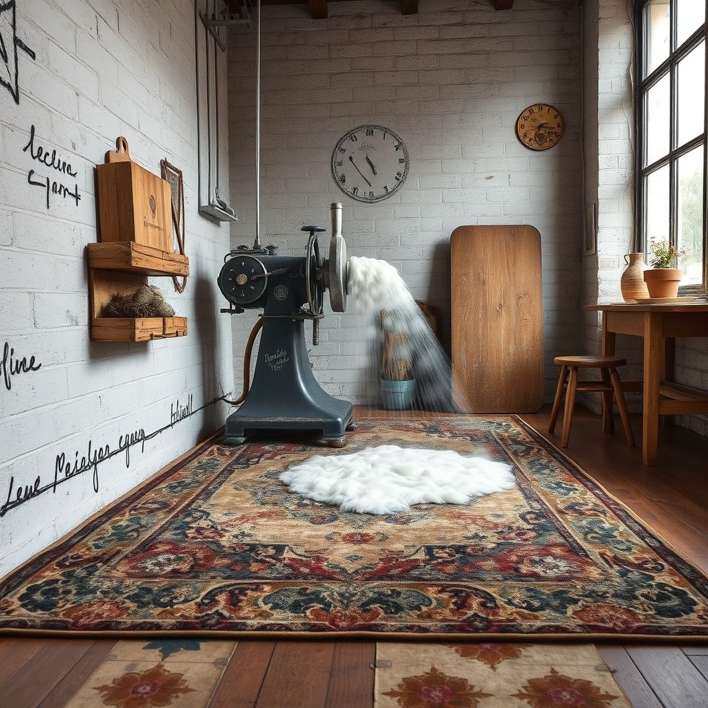 Un tapis vintage richement décoré est nettoyé par une machine produisant une mousse blanche qui pénètre les fibres. L’ambiance mélange décor ancien et sol industriel, symbolisant soins et amélioration.
