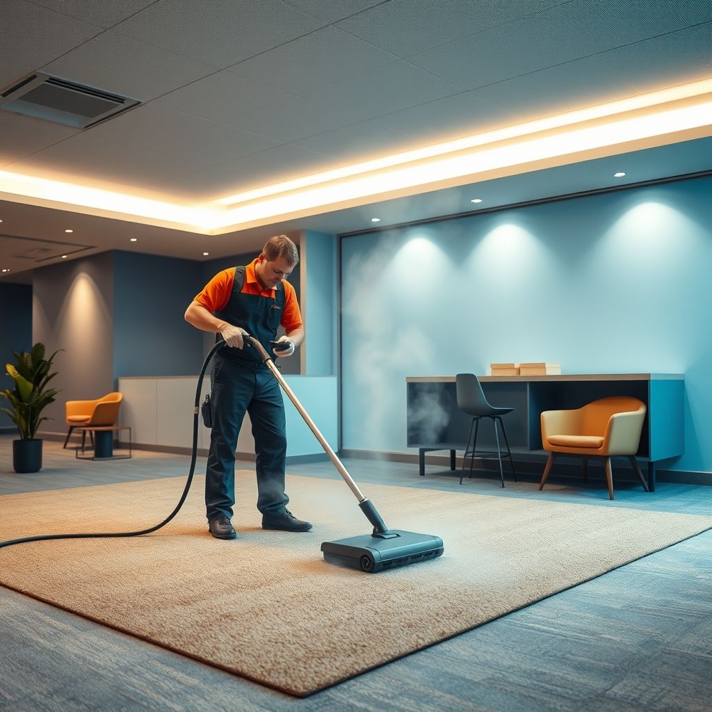 Dans un bureau lumineux, une personne habillée en vêtements foncés utilise une machine de nettoyage de tapis avec une baguette argentée diffusant de la vapeur sur un sol en moquette. L’espace moderne comprend une réception design bicolore bleu et beige, décor minimaliste avec quelques plantes. La personne est concentrée sur son travail, la vapeur s’élève et se disperse, symbolisant propreté et renouveau. L'éclairage met en valeur le contraste entre le technicien et le tapis, illustrant le soin professionnel apporté. L’image transmet une ambiance de maintien et d’attention au détail dans un cadre professionnel.
