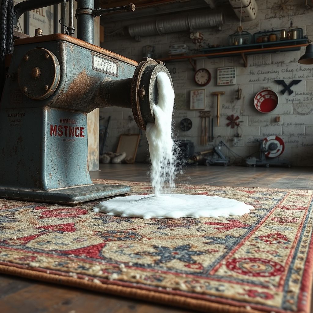 Un tapis vintage richement décoré est nettoyé par une machine produisant une mousse blanche qui pénètre les fibres. L’ambiance mélange décor ancien et sol industriel, symbolisant soins et amélioration.