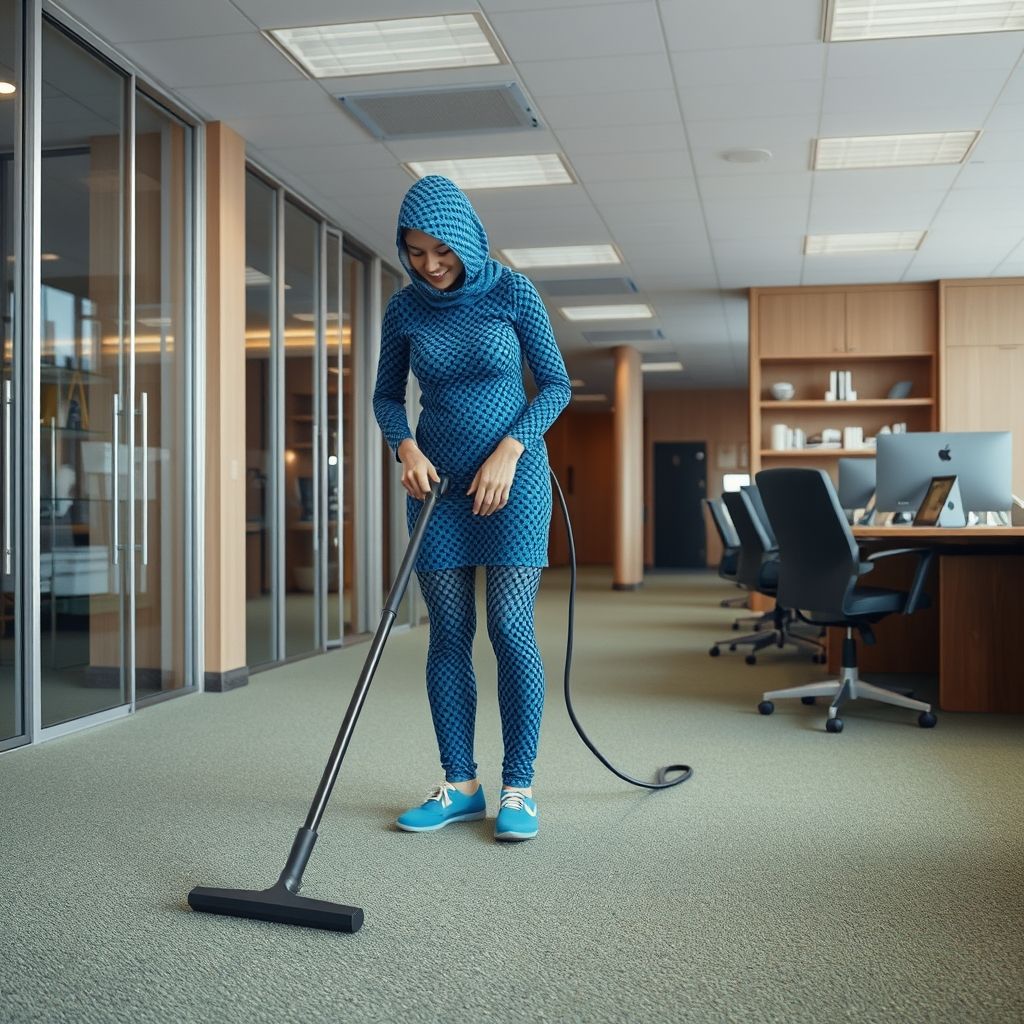 Une personne en tenue bleue nettoie activement un tapis gris avec un aspirateur, montrant un contraste visible entre la zone nettoyée et la zone sale. L’environnement est un espace intérieur ordonné, comme un bureau ou un commerce.