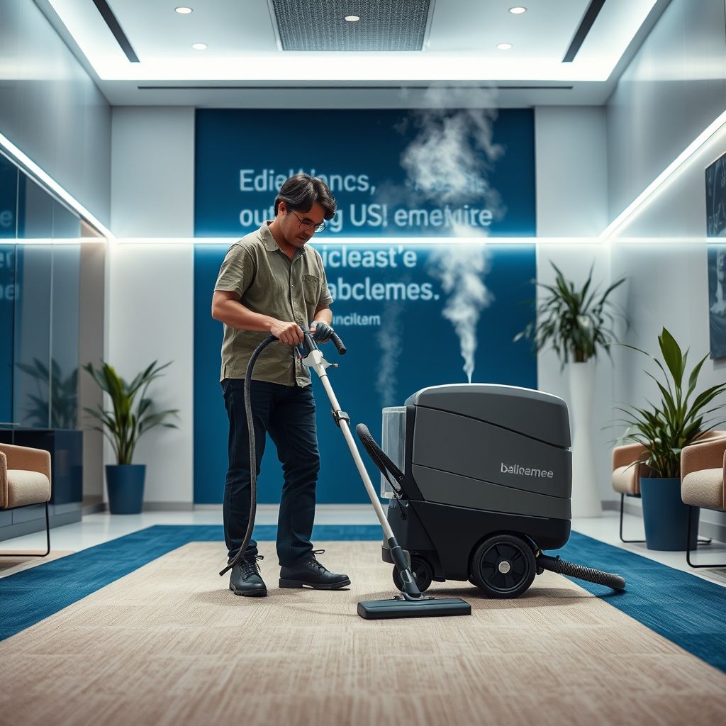 Dans un bureau lumineux, une personne habillée en vêtements foncés utilise une machine de nettoyage de tapis avec une baguette argentée diffusant de la vapeur sur un sol en moquette. L'espace moderne comprend une réception design bicolore bleu et beige, décor minimaliste avec quelques plantes. La personne est concentrée sur son travail, la vapeur s'élève et se disperse, symbolisant propreté et renouveau. L'image transmet une ambiance de maintien et d’attention au détail dans un cadre professionnel.