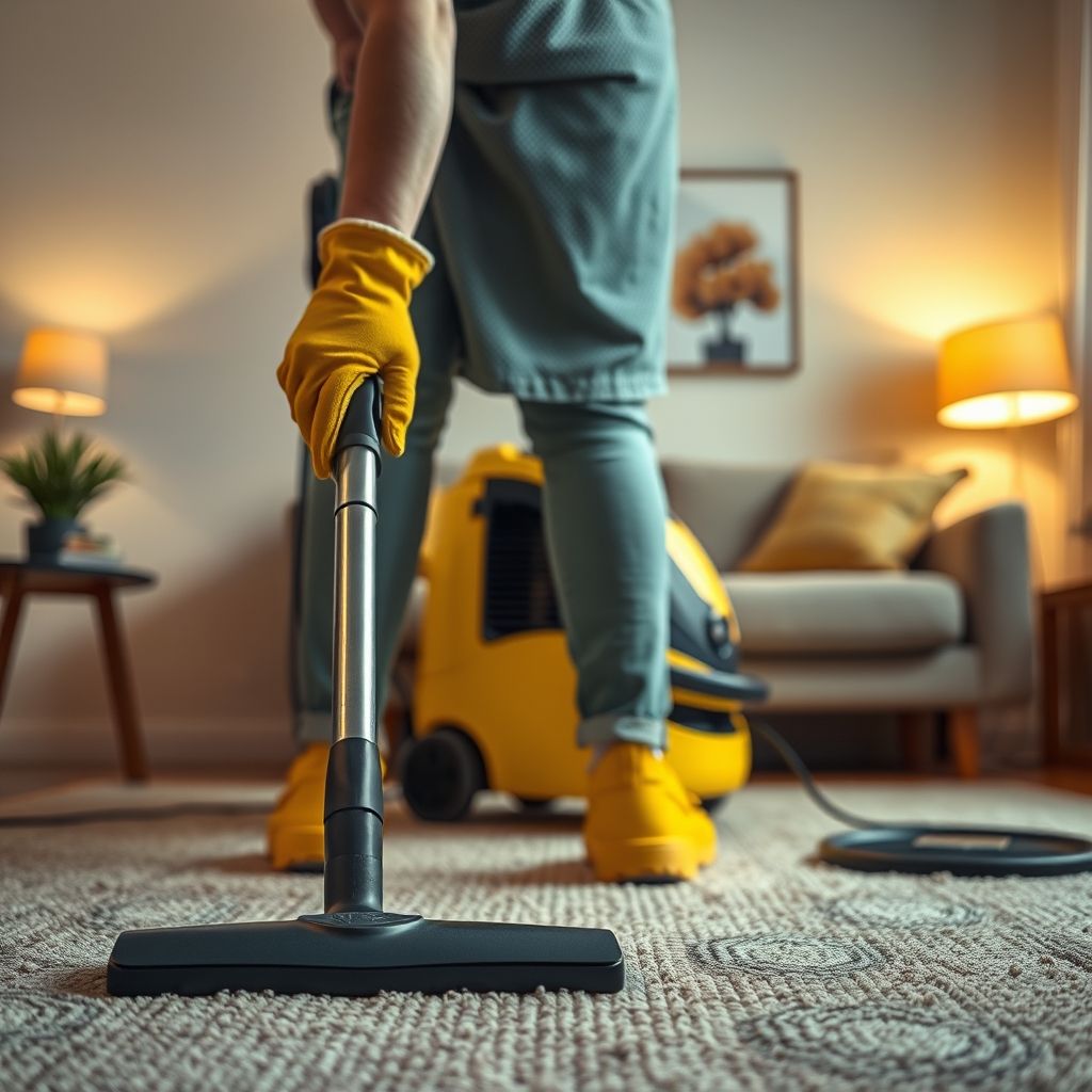 Une personne en gants bleus et salopette nettoie un tapis texturé sur un sol en bois à genoux. Une machine jaune d'aspiration se tient derrière, la scène est lumineuse et chaleureuse, avec un canapé en arrière-plan. L'image montre l'attention et le soin apporté au nettoyage.