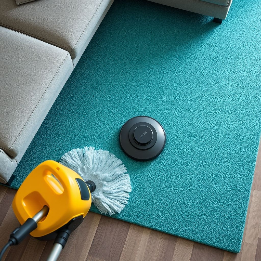 Gros plan sur le nettoyage d'un tapis turquoise texturé avec une machine aspirant de l'eau savonneuse. Le pied du nettoyeur en chaussure simple est visible, sur fond d'un canapé gris. Un aspirateur jaune ajoute une touche de couleur, illustrant le travail soigné de nettoyage dans un environnement moderne.