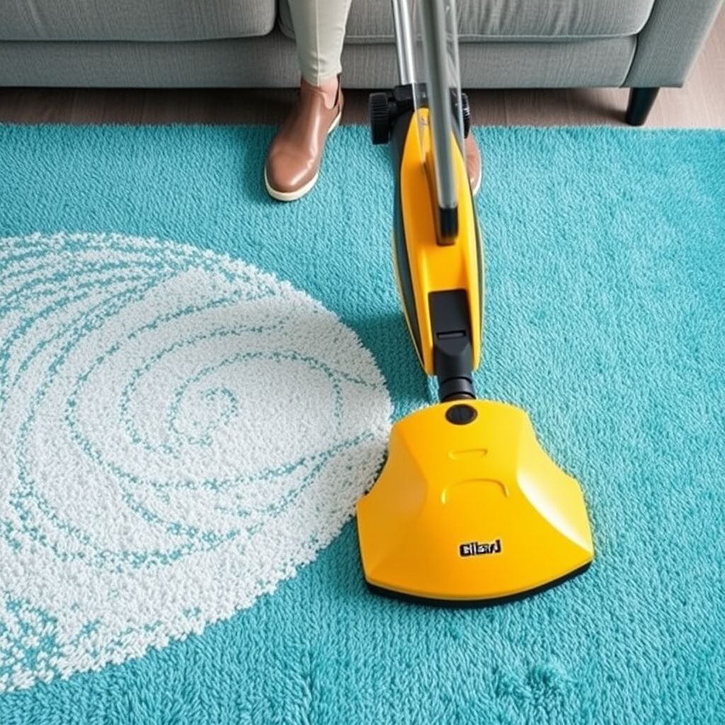 Gros plan sur le nettoyage d'un tapis turquoise texturé avec une machine aspirant de l'eau savonneuse. Le pied du nettoyeur en chaussure simple est visible, sur fond d'un canapé gris. Un aspirateur jaune ajoute une touche de couleur, illustrant le travail soigné de nettoyage dans un environnement moderne.